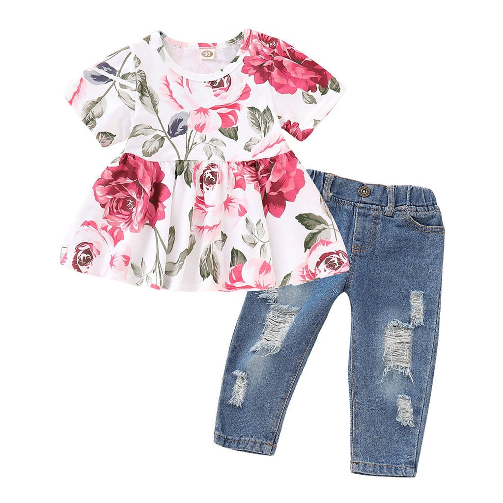 Toddler Girls Floral Tops + Denim Pants Set