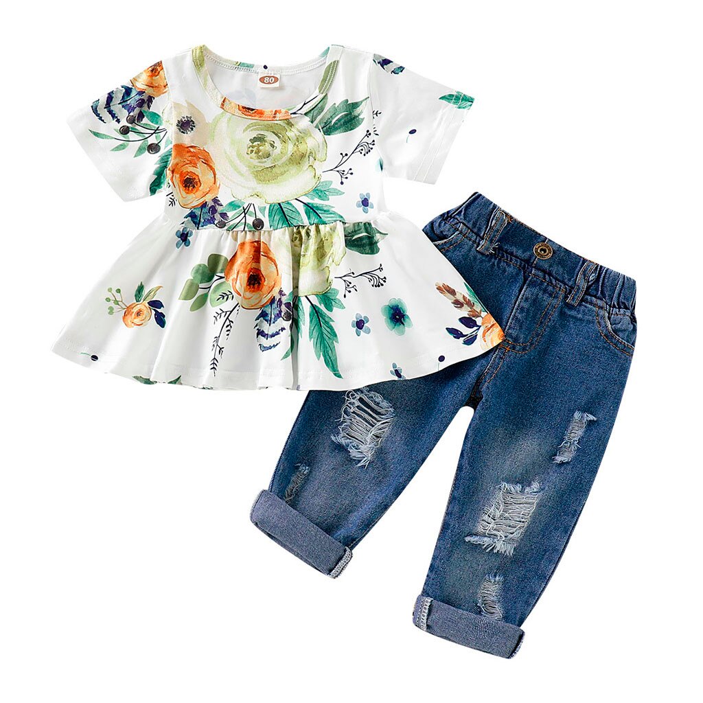 Baby Girl Floral Crop Tops+Hole Denim Pants Outfit Set