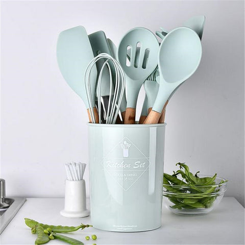 12pc Silicone Wooden Cooking Utensil Kitchen Set