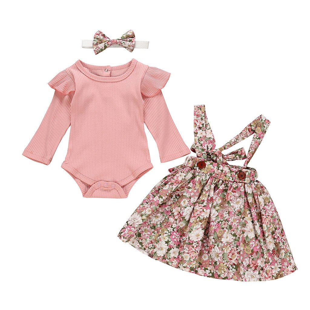 Baby Girl Long Sleeve Solid Ruffled Ribbed Romper Floral Skirts Set
