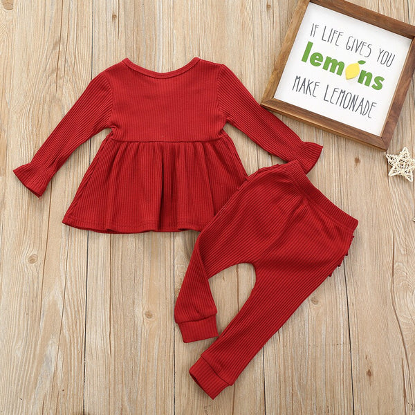 Baby Girls Solid T-Shirt Dress Top+Ruffle Pants Outfits