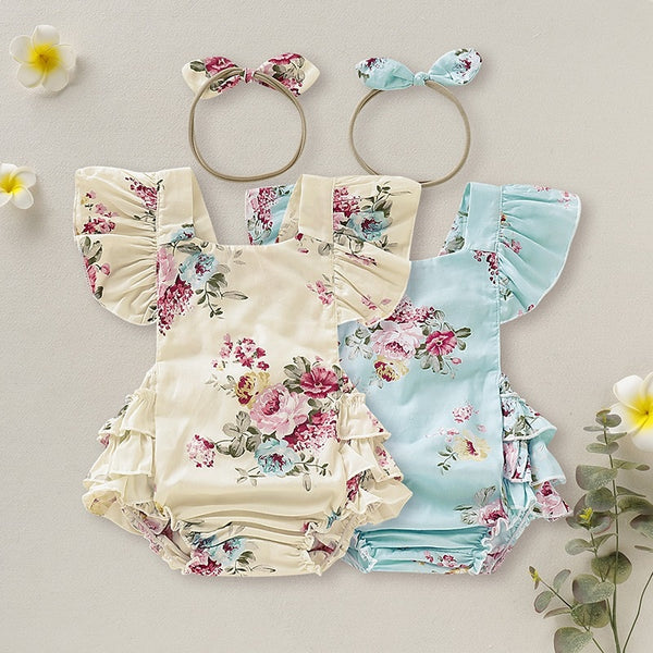 Baby Girl Floral Rompers Set With Headband