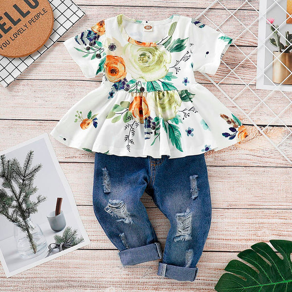 Baby Girl Floral Crop Tops+Hole Denim Pants Outfit Set