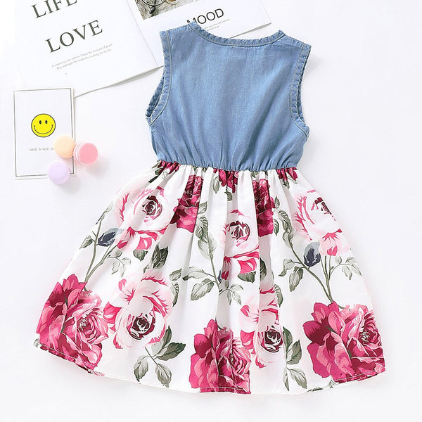 Toddler Girl Sleeveless Denim Floral Printed Dress