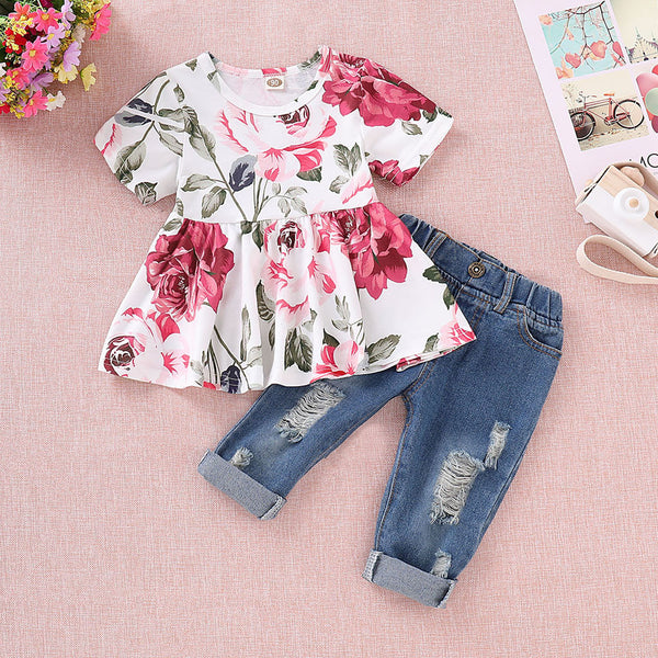 Toddler Girls Floral Tops + Denim Pants Set